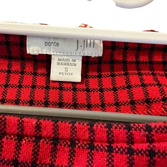 J Jill | Red Ponte Knit Top Black Plaid Boatneck Long Sleeve Petite Small - Picture 5 of 9
